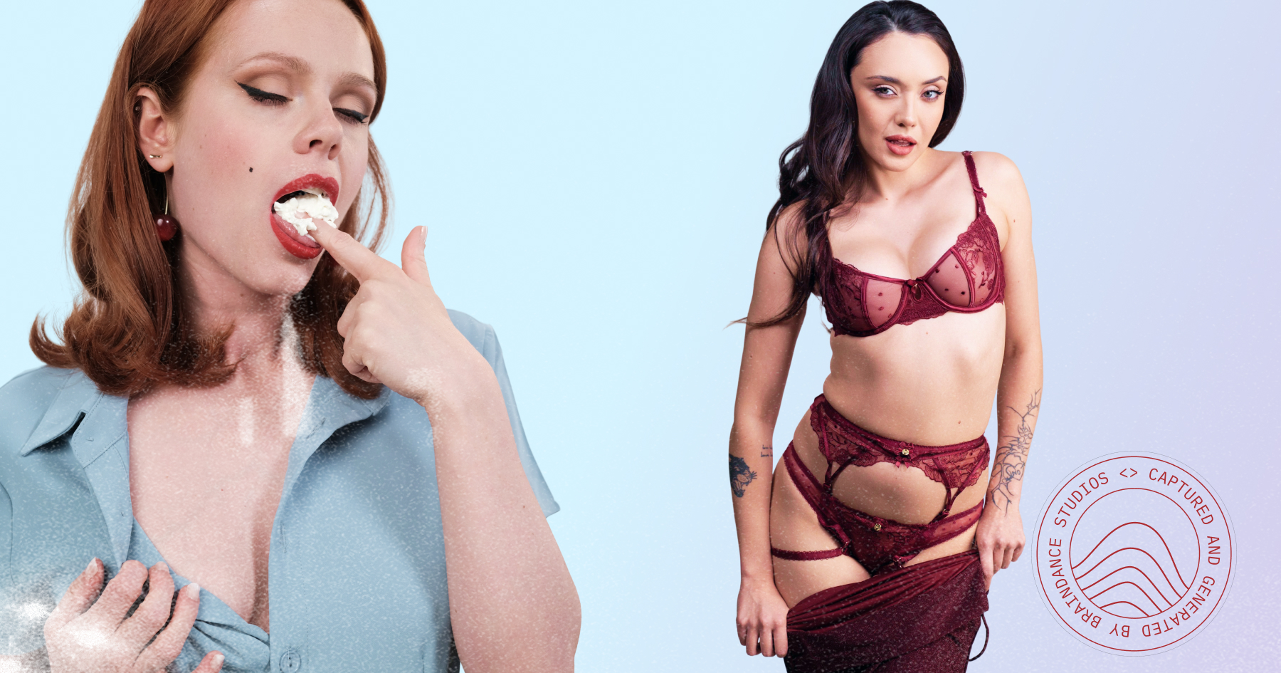 Best VR creampie scenes — cream on a fingertip and a model in burgundy lingerie
